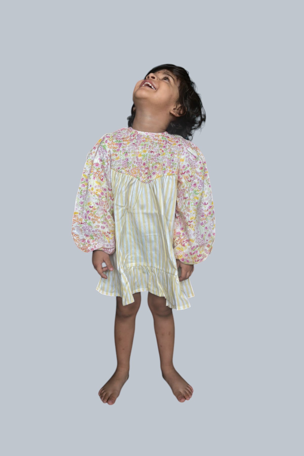 Yellow Floral Smocked Dress with Balloon Sleeves | Mixed Prints | Luum Kids