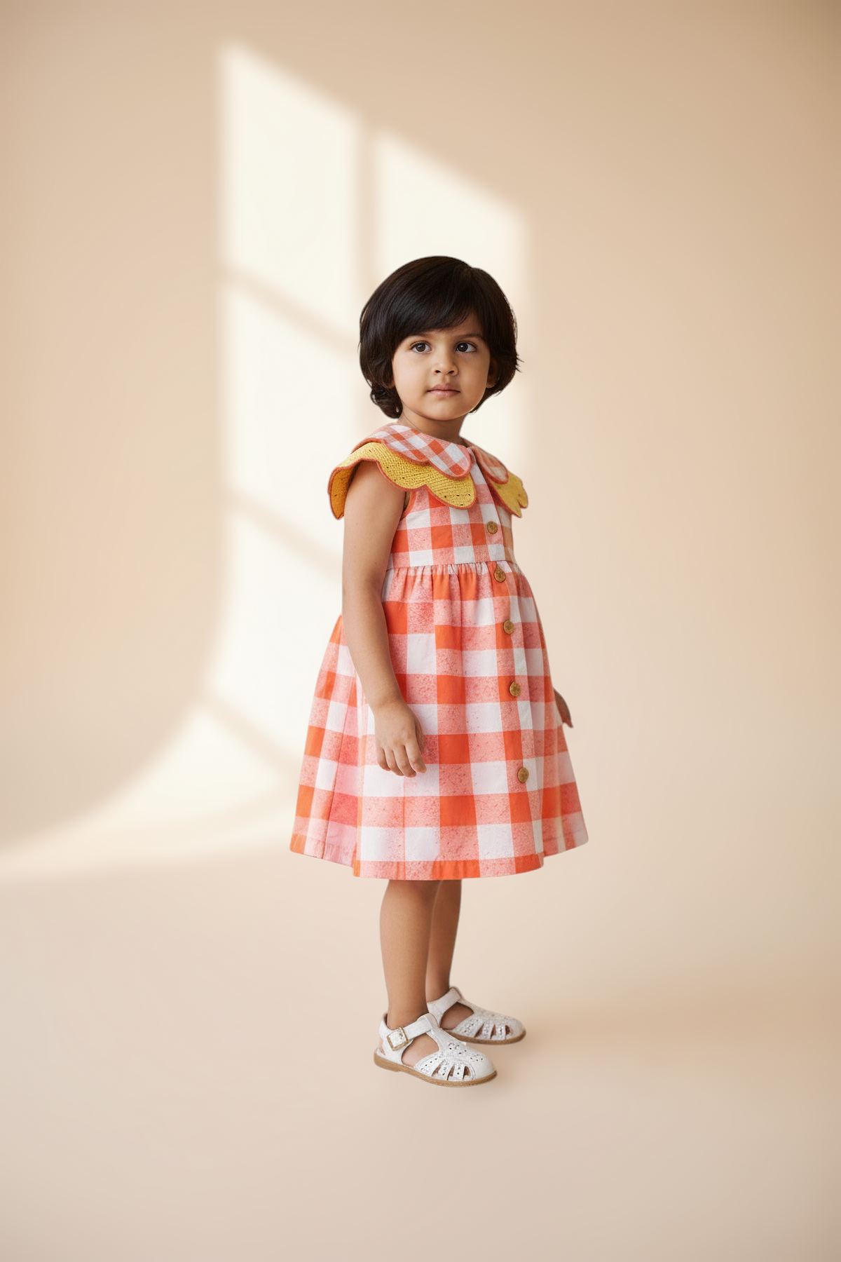 Coral Gingham Scallop Collar Dress | Golden Trim | Luum Kids