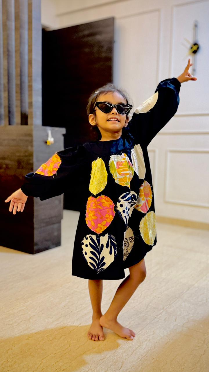 Black Patchwork Textured Dress | Multicolor Fabric Patch Details | Luum Kids
