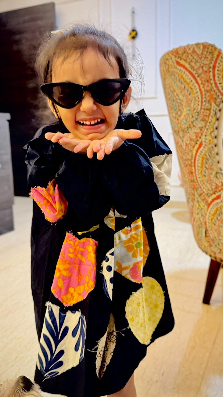 Black Patchwork Textured Dress | Multicolor Fabric Patch Details | Luum Kids