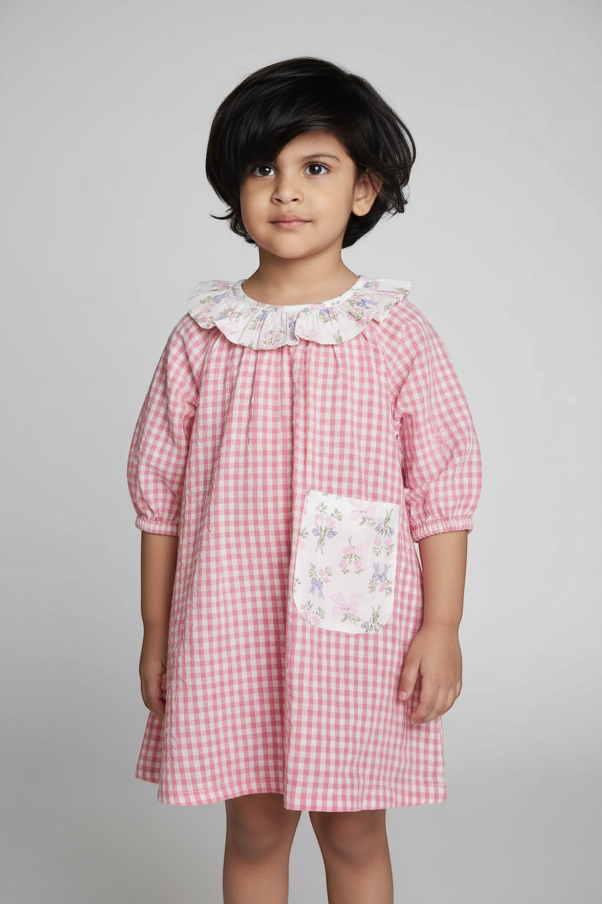 Pink Gingham Ruffle Collar Dress | Long Sleeves | Luum Kids