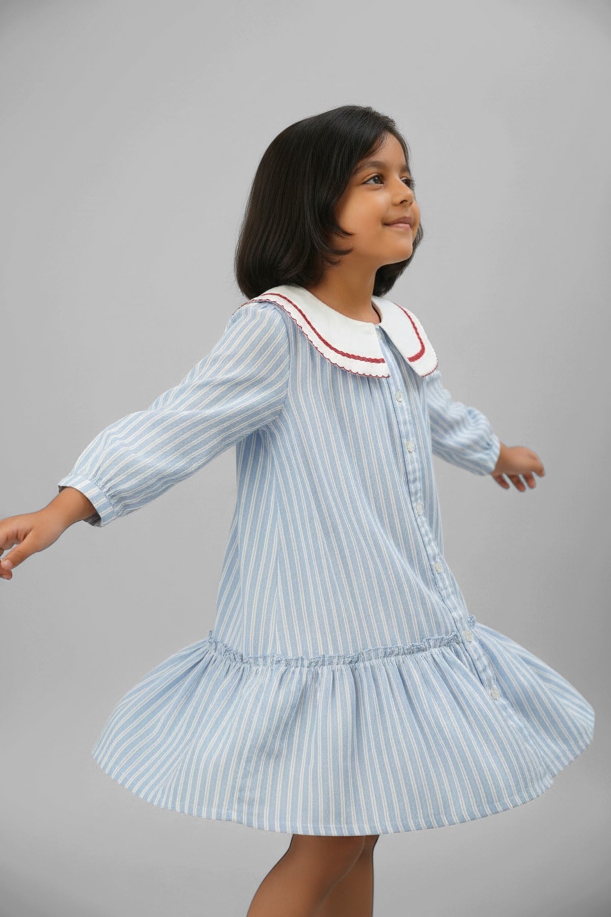 Blue Striped Peter Pan Collar Dress | Red Trim | Luum Kids Wear