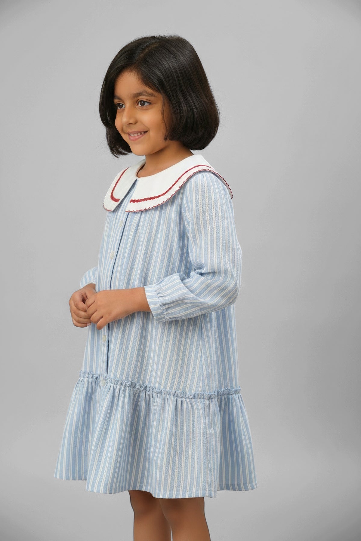Blue Striped Peter Pan Collar Dress | Red Trim | Luum Kids Wear