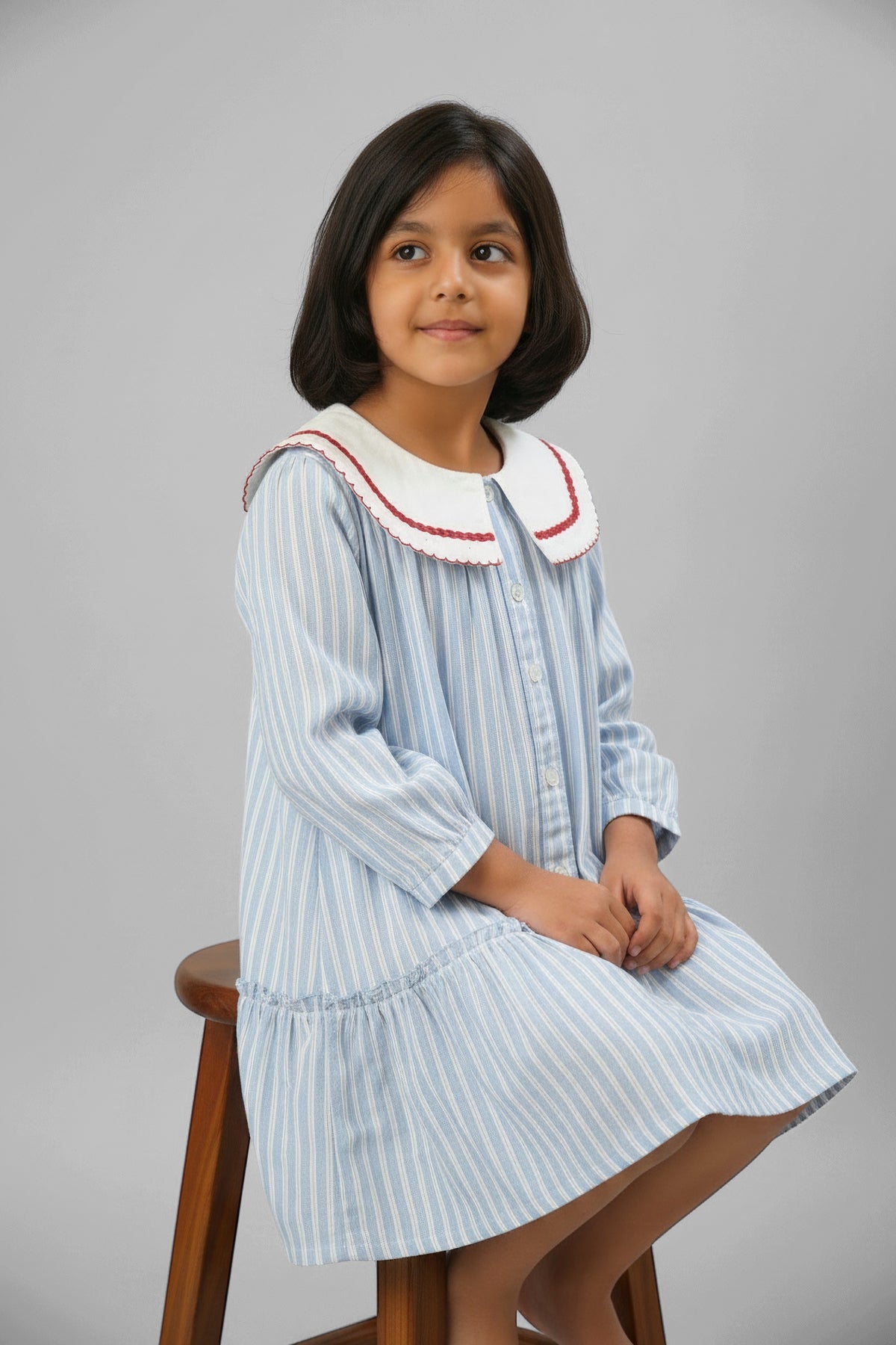 Blue Striped Peter Pan Collar Dress | Red Trim | Luum Kids Wear