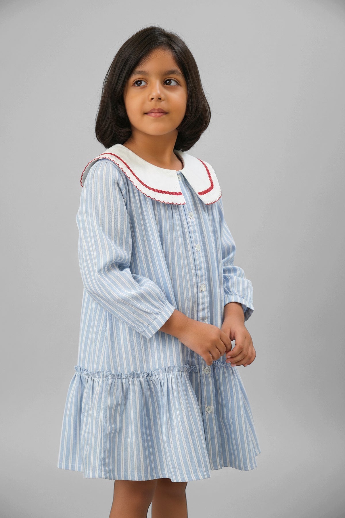 Blue Striped Peter Pan Collar Dress | Red Trim | Luum Kids Wear